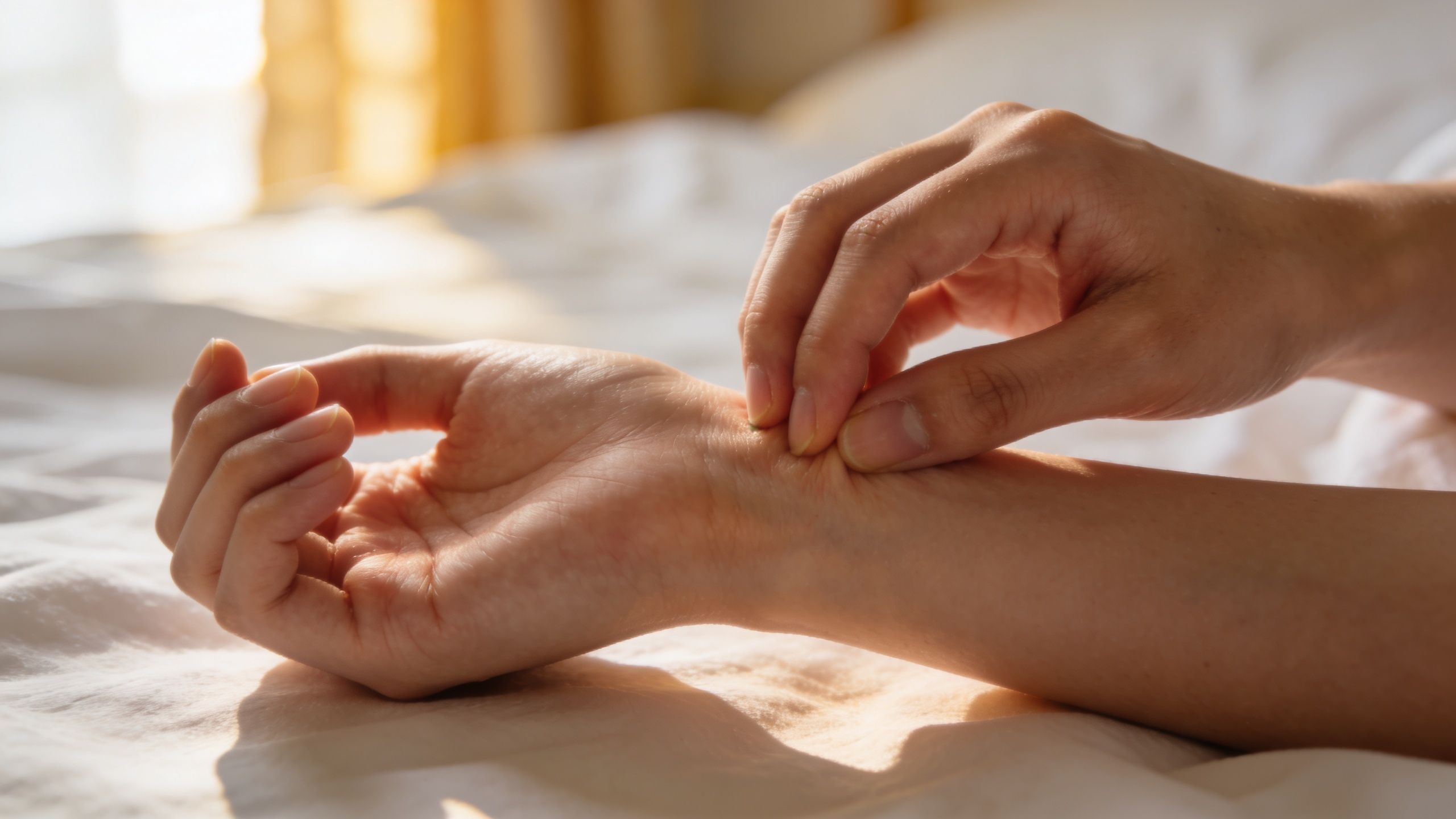 A person checking their pulse or feeling wrist pain while lying on a soft white bed sheet.