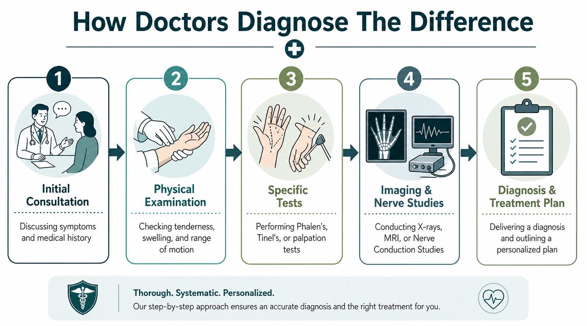 A five-step infographic showing how doctors diagnose hand conditions like carpal tunnel syndrome or tendonitis.