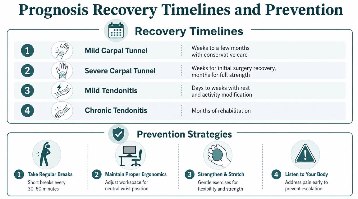 An infographic showing recovery timelines for carpal tunnel and tendonitis, plus four prevention strategies for wrist health.