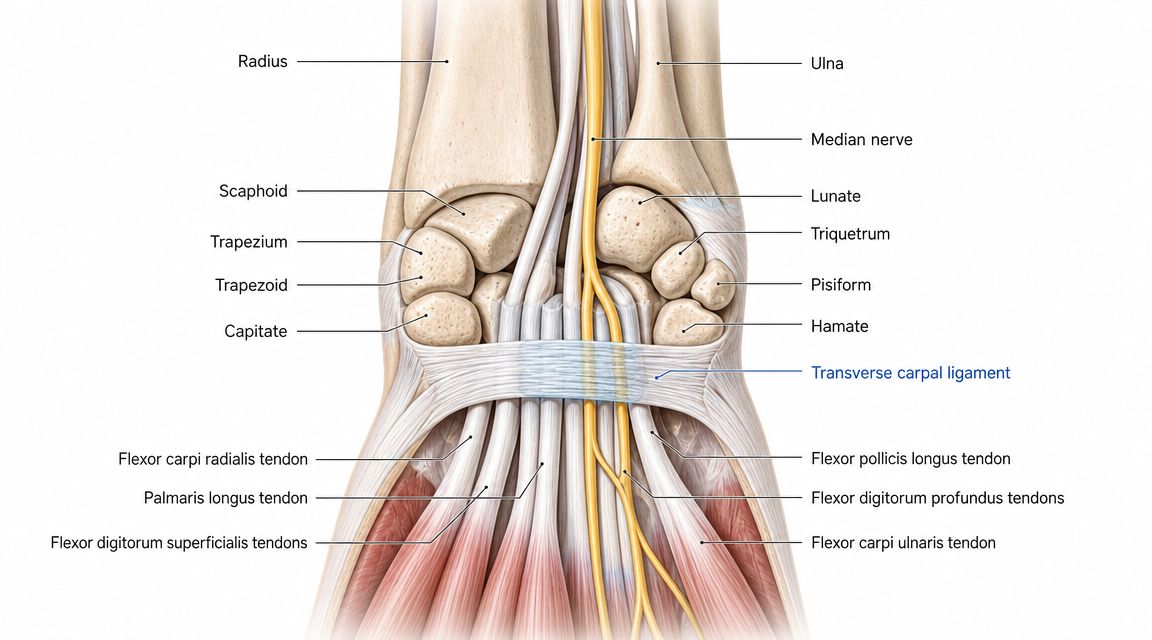 Anatomical diagram of the human wrist showing the carpal tunnel, median nerve, ligaments, and finger flexor tendons.