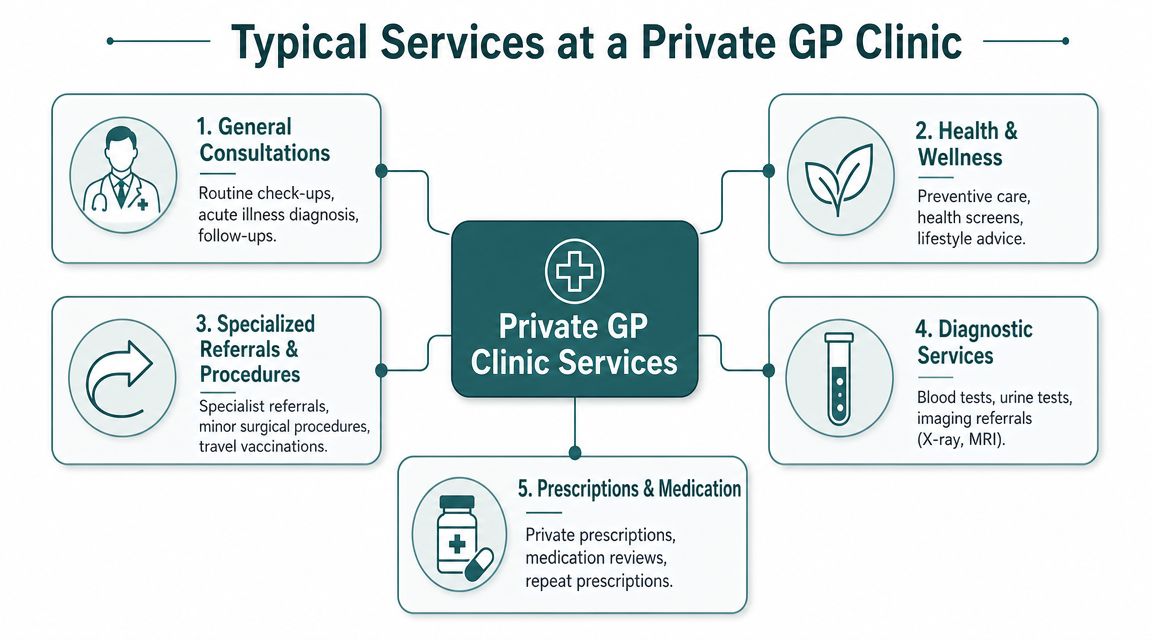 A diagram illustrating the five typical services offered at a private general practitioner clinic.