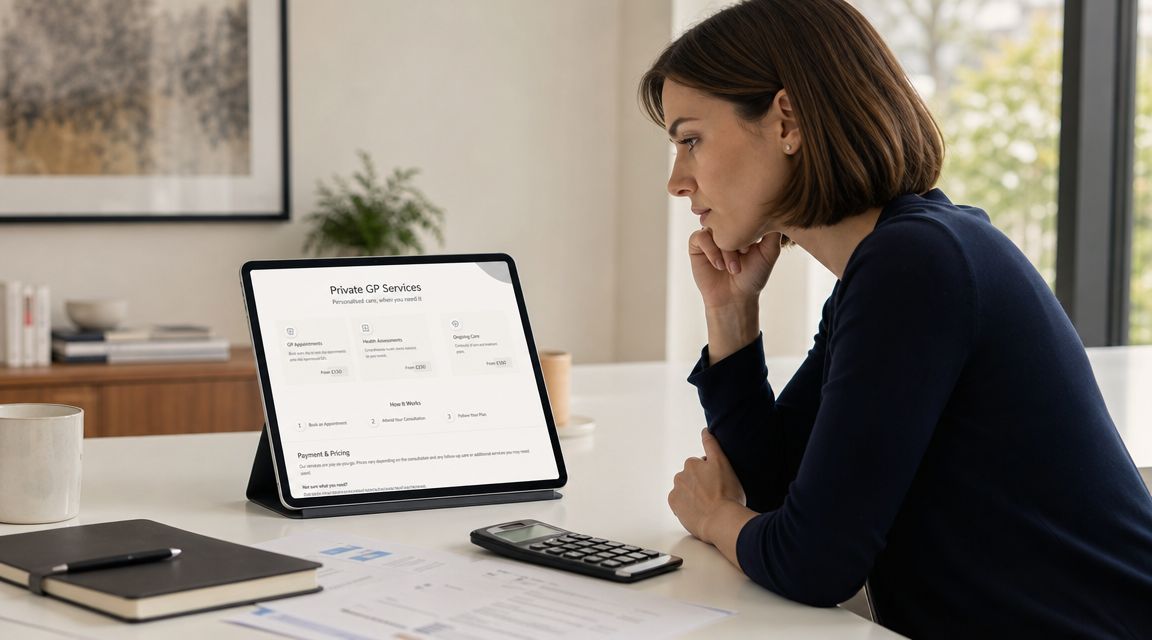 A woman reviewing private GP service information on a tablet computer at her desk at home.