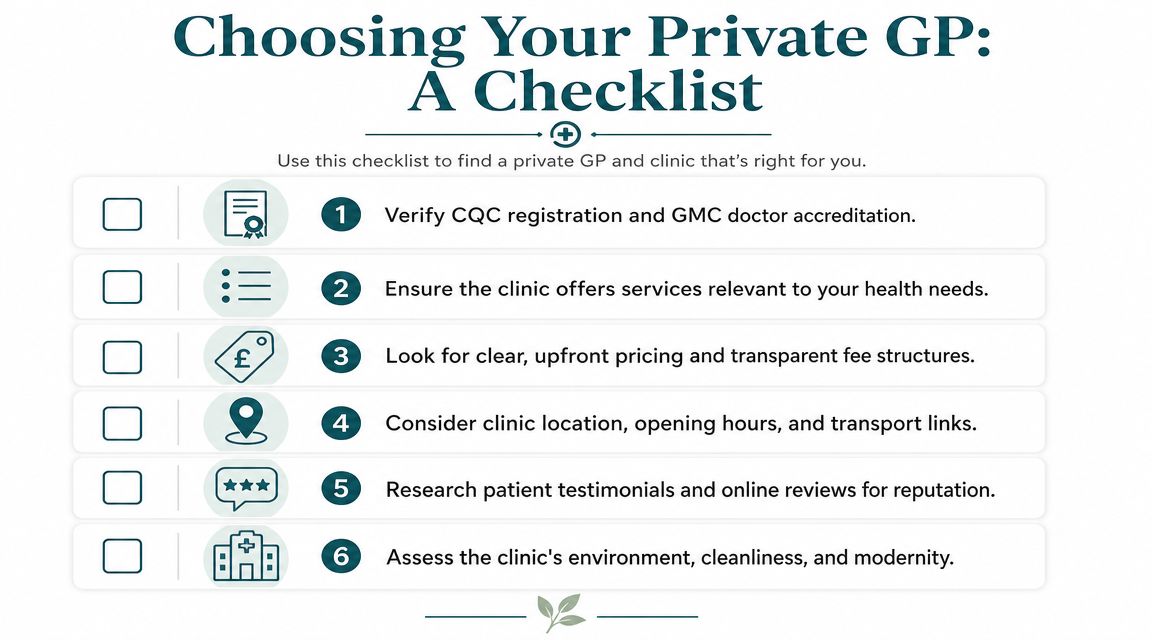 A checklist infographic titled Choosing Your Private GP, listing six essential steps for selecting a private doctor.