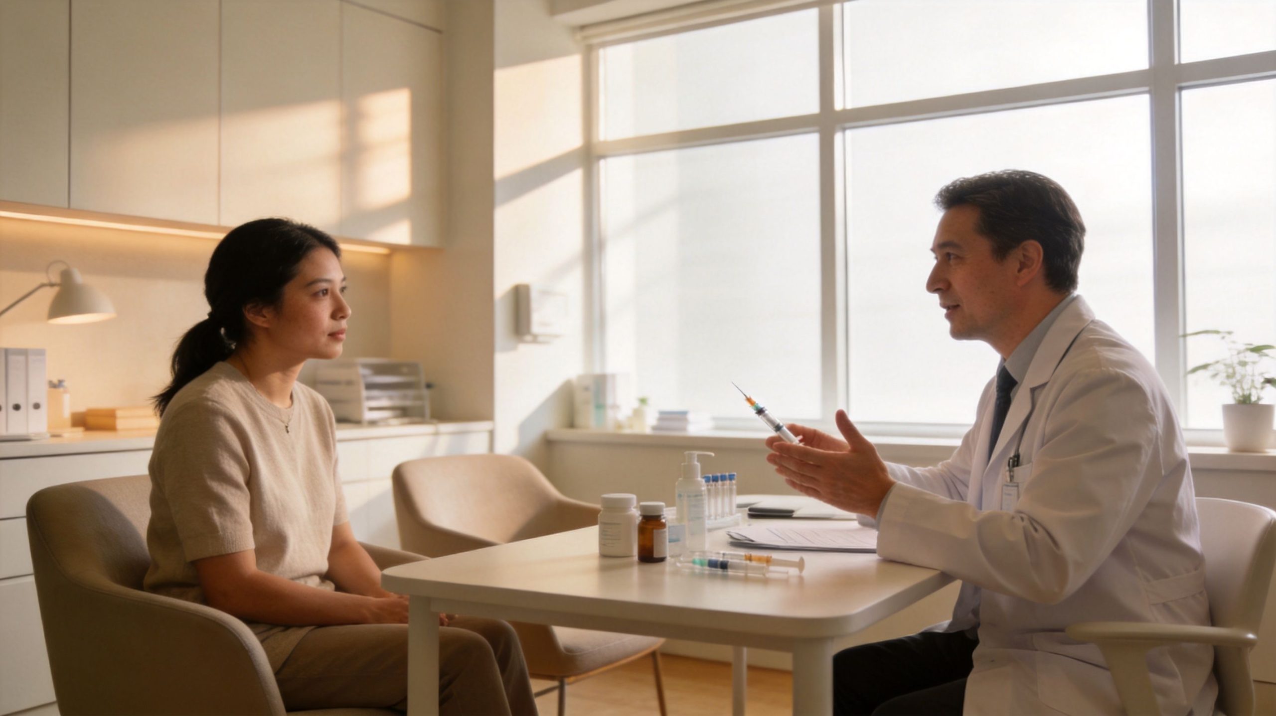A doctor explaining a medical procedure involving injections to a female patient in a clinical office setting.