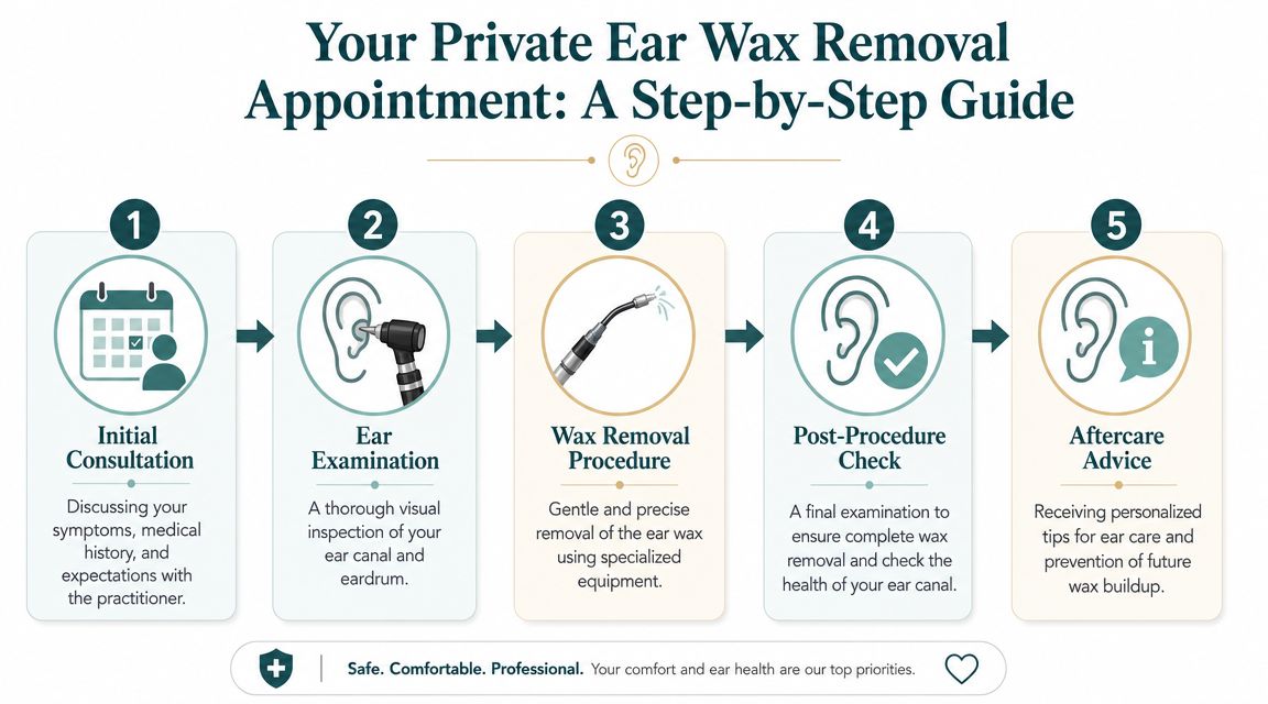A five-step infographic showing the private ear wax removal appointment process from consultation to aftercare.