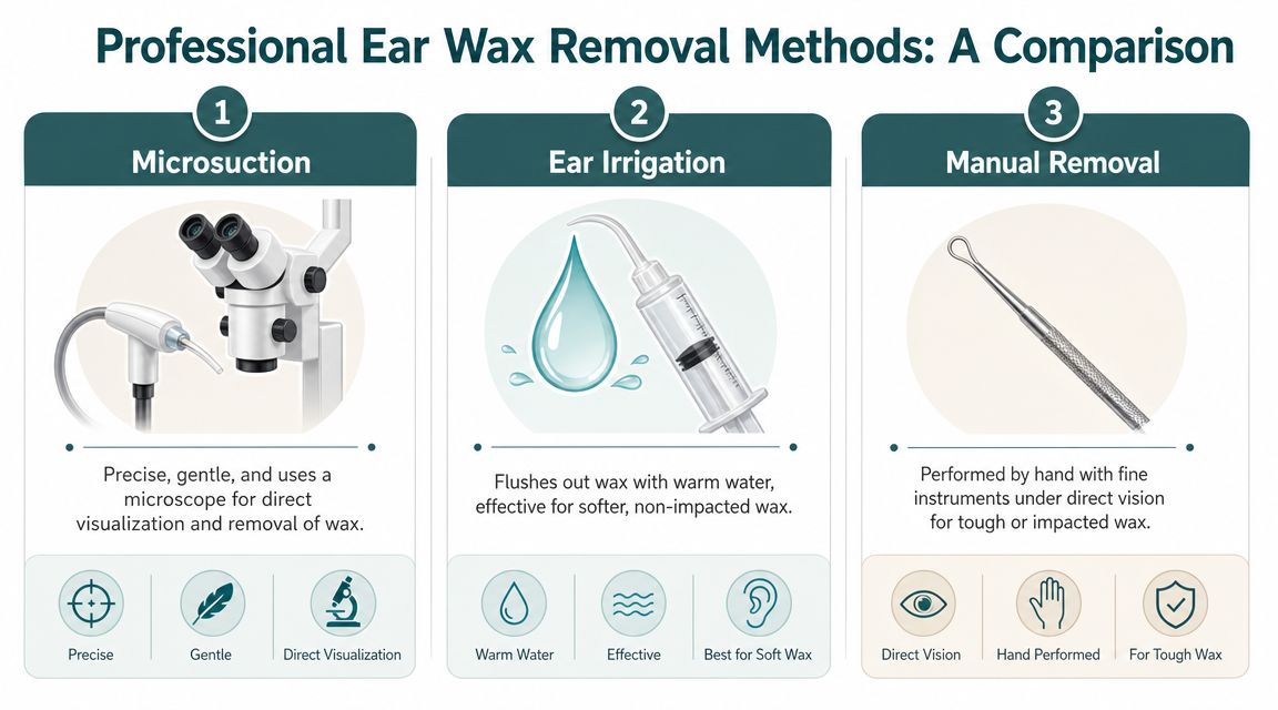 A comparison infographic detailing professional ear wax removal methods including microsuction, ear irrigation, and manual removal techniques.