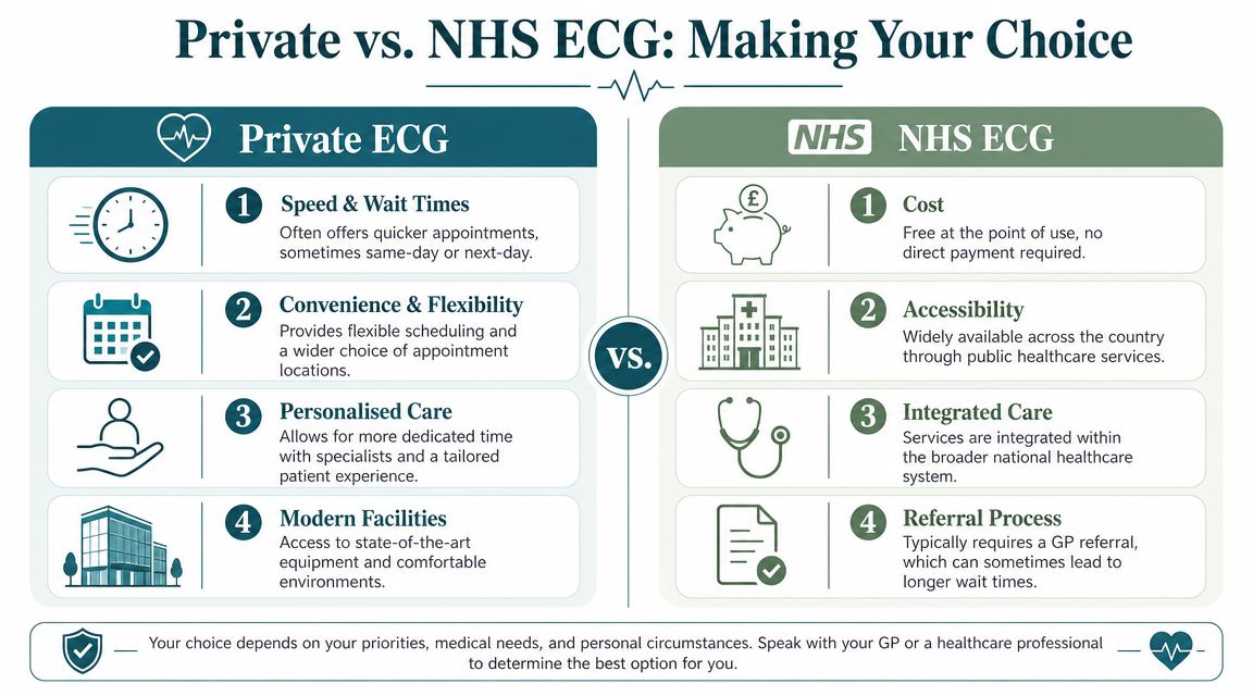 A comparative infographic highlighting the key differences and benefits of choosing a private versus NHS ECG scan.