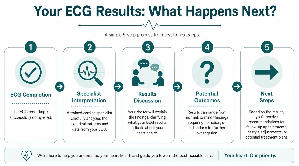 An infographic outlining a five-step process for understanding your ECG results from testing to follow-up care.