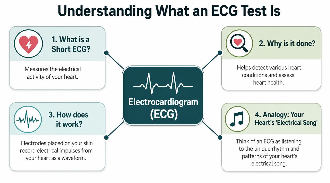 An infographic titled Understanding What an ECG Test Is, explaining its purpose, procedure, and electrical mechanism.