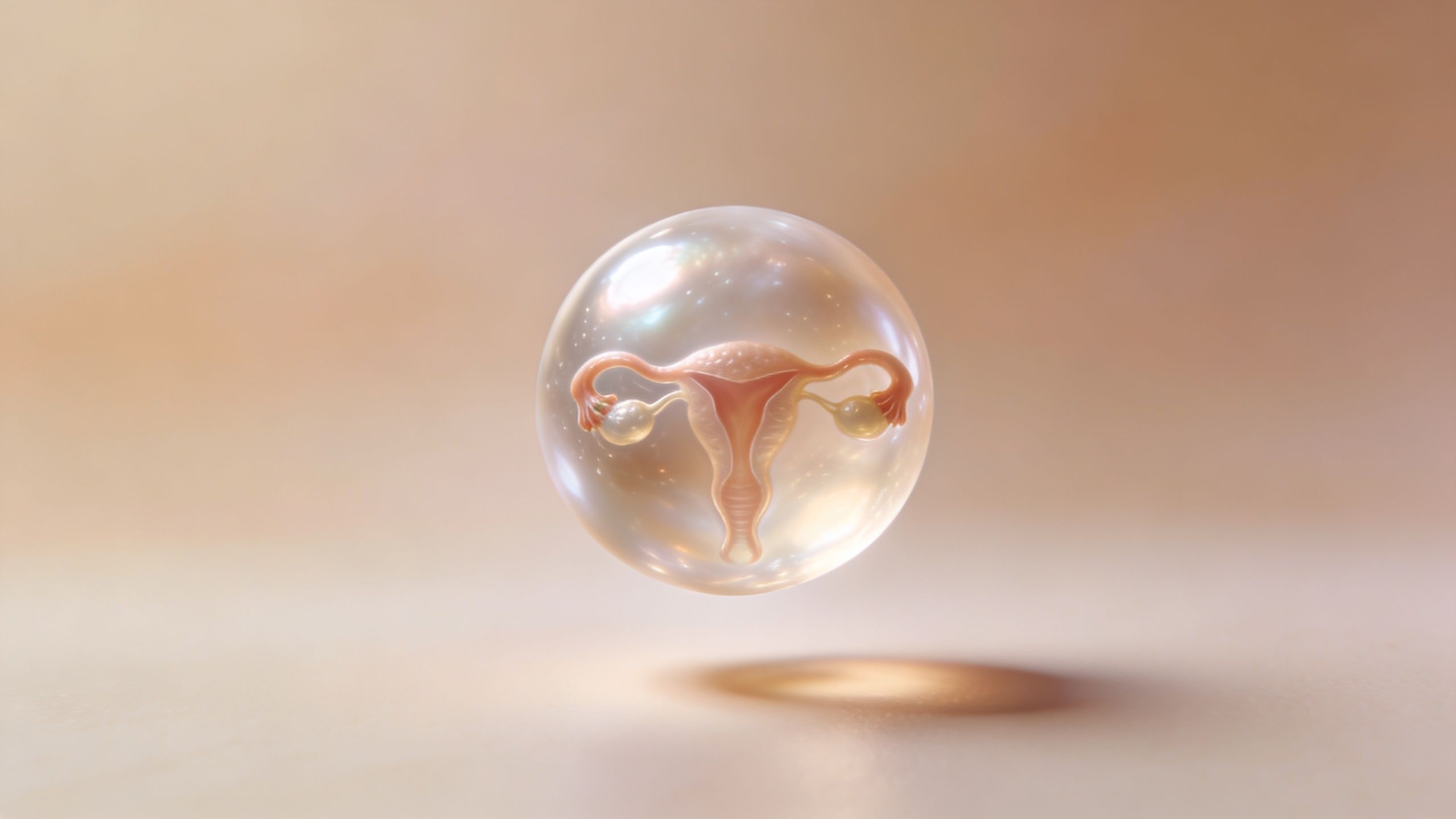 A realistic 3D render of a human uterus and ovaries floating inside a translucent glass bubble.
