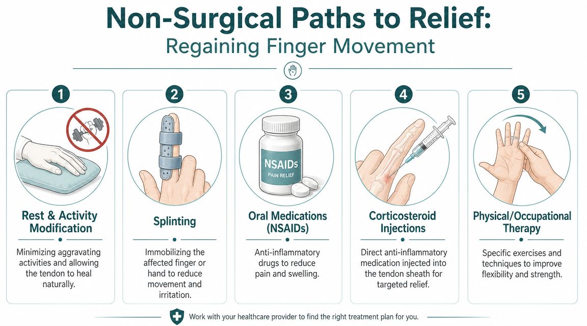 An infographic showing five non-surgical treatment methods for trigger finger, including rest, splinting, medications, injections, and therapy.