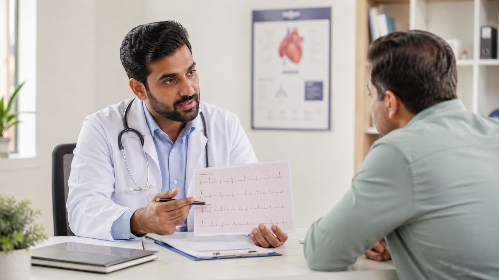 A male doctor in a white coat explains an ECG heart scan to a patient in an office.