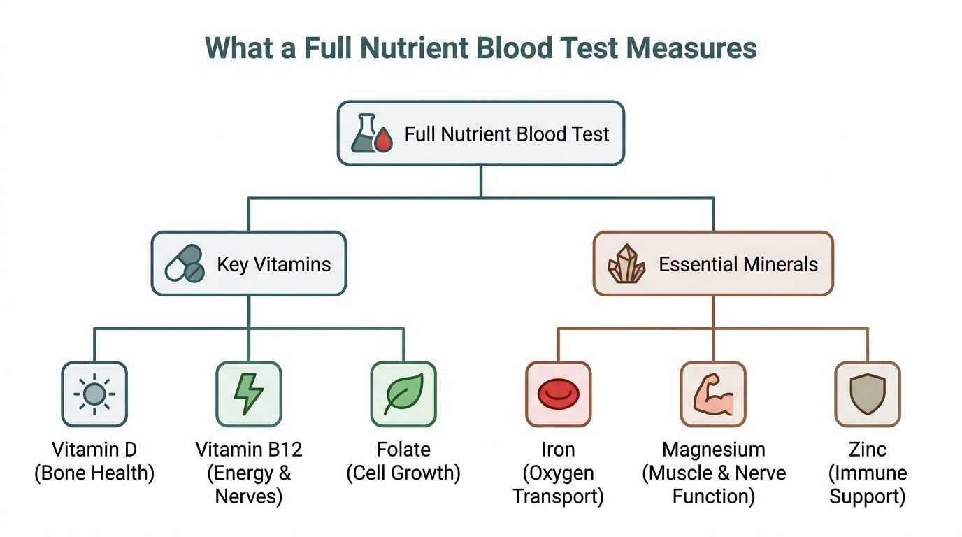 A diagram outlining the key vitamins and essential minerals measured by a full nutrient blood test.