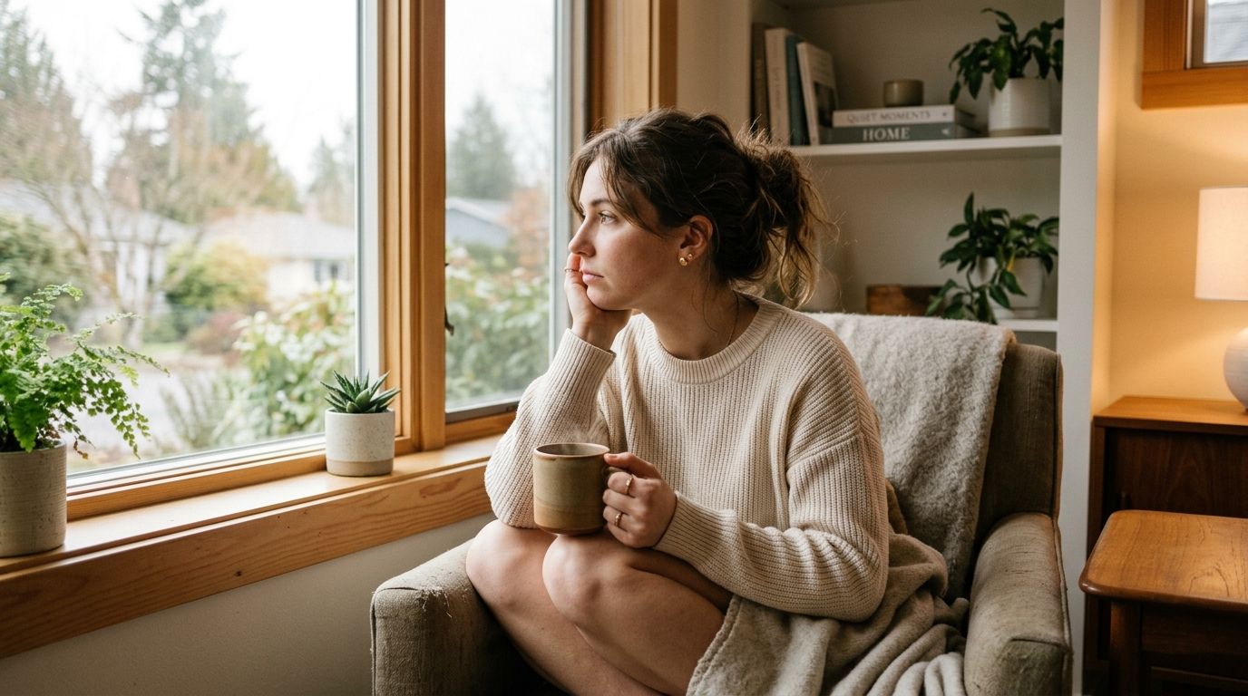 A pensive woman in a cozy sweater holds a warm mug while looking out a window.