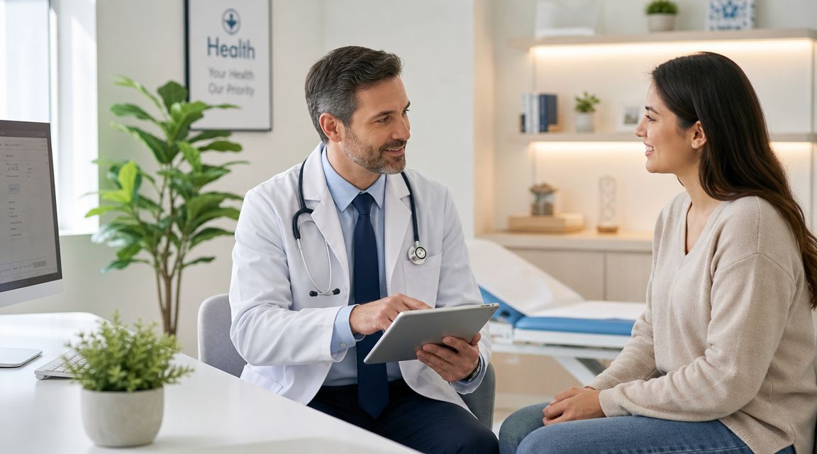 A professional male doctor sitting at a desk explaining medical information on a tablet to a patient.