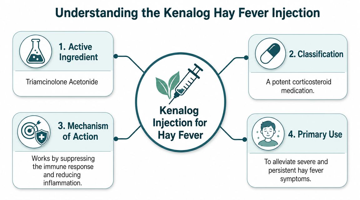 An infographic explaining the Kenalog hay fever injection, detailing its active ingredient, classification, mechanism, and primary use.