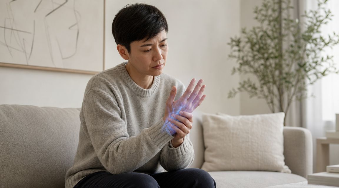 A person sitting on a sofa looking distressed while holding their hand with a glowing nerve illustration.