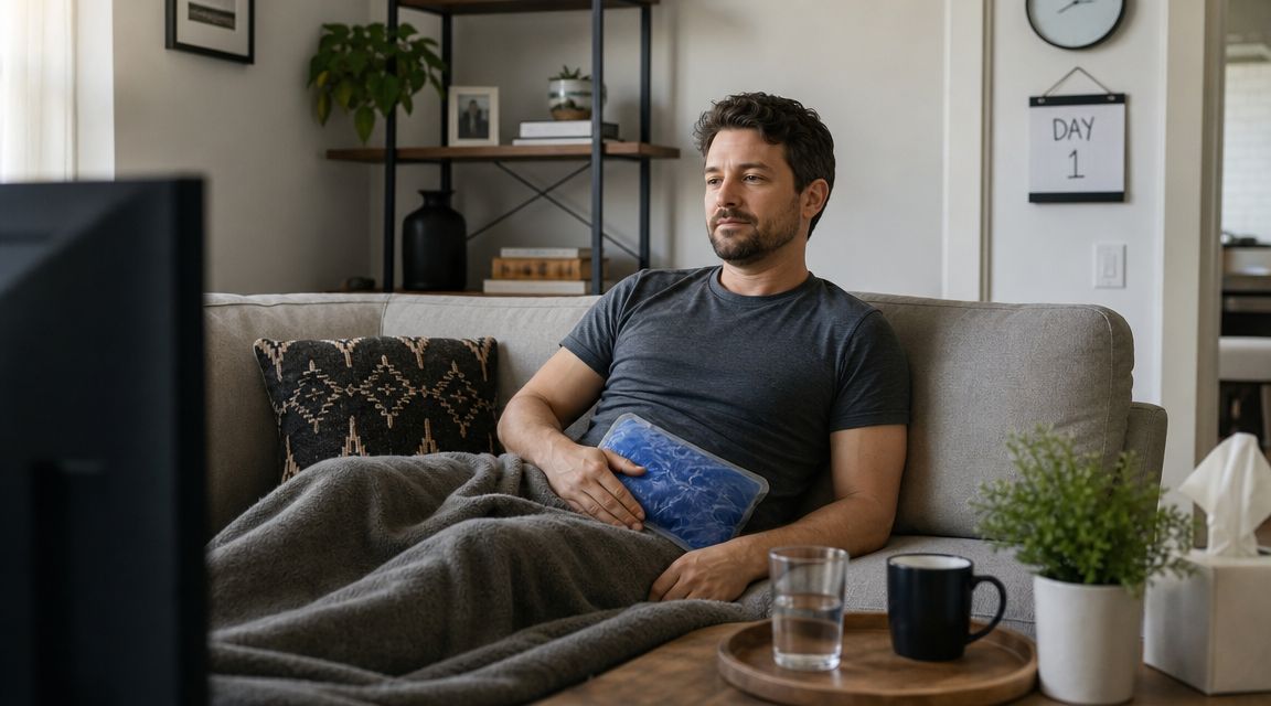 A man resting on a sofa with an ice pack on his abdomen after a medical procedure.