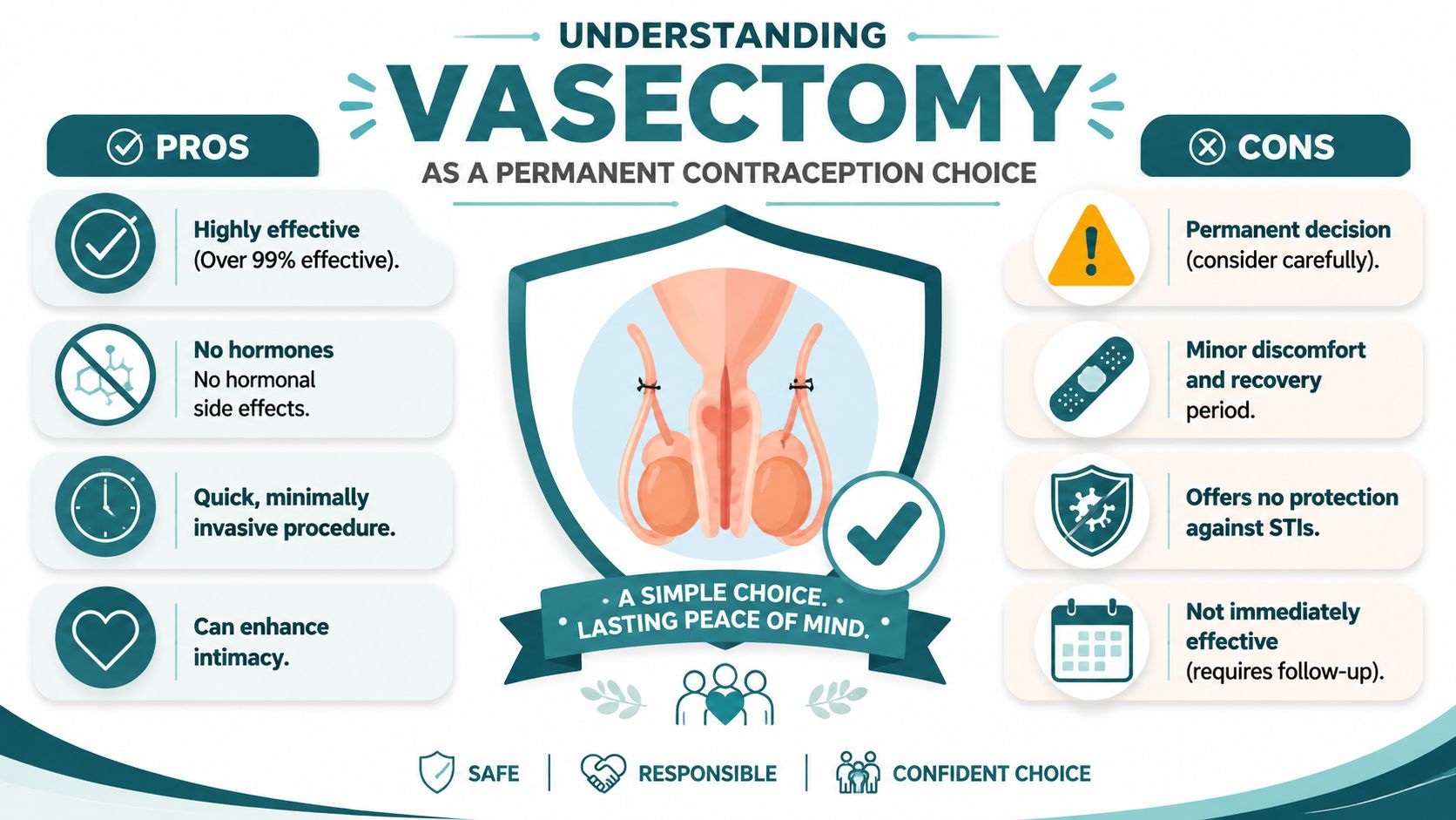 An infographic summarizing the pros and cons of undergoing a vasectomy as a permanent contraceptive choice.